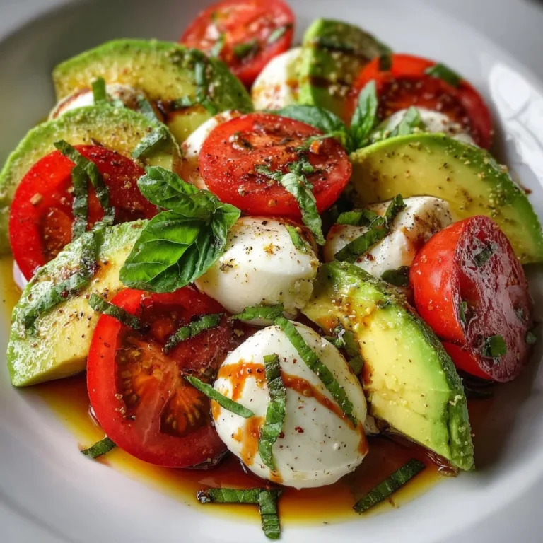 Colorful Avocado Caprese Salad with fresh tomatoes, basil, and mozzarella.