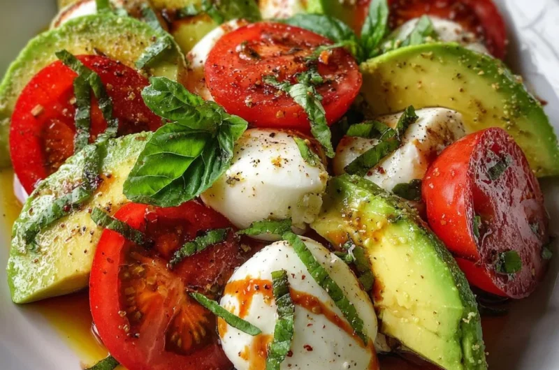 Colorful Avocado Caprese Salad with fresh tomatoes, basil, and mozzarella.