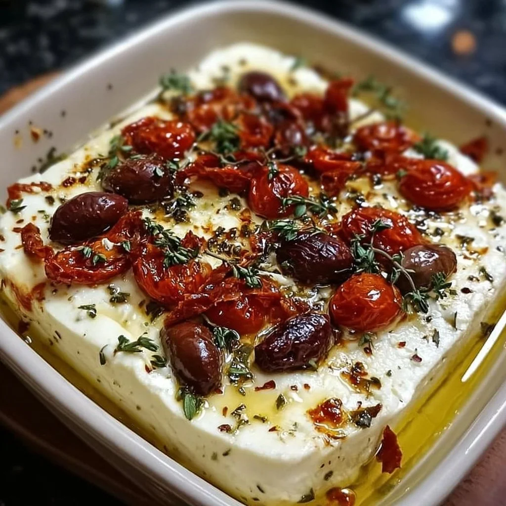 Delicious baked feta topped with olives and sun-dried tomatoes, served in a dish.