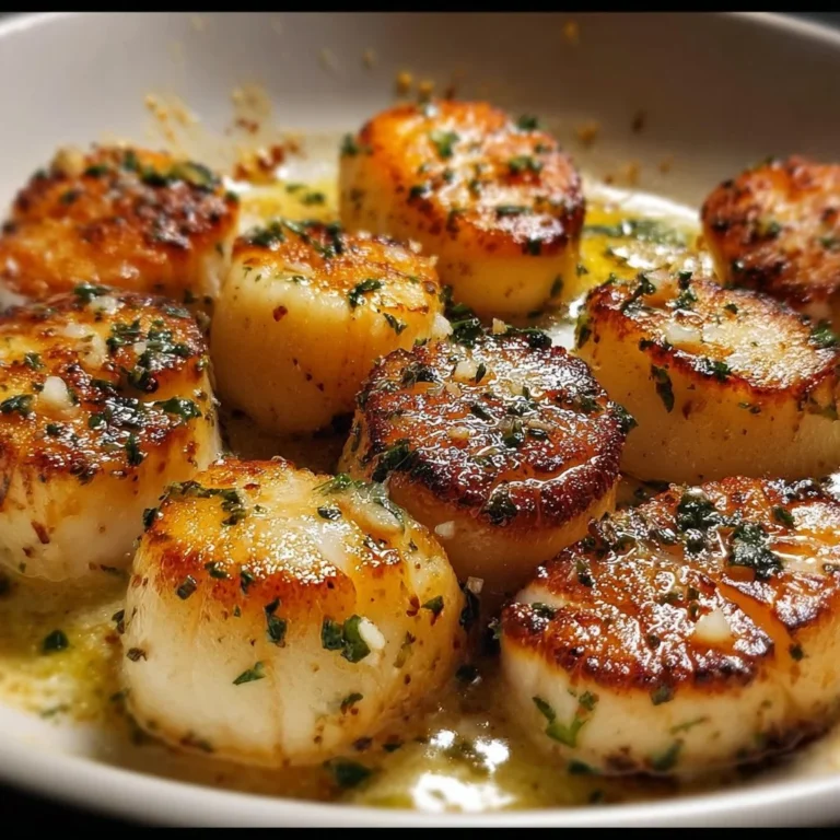 Baked garlic butter scallops served on a plate with herbs