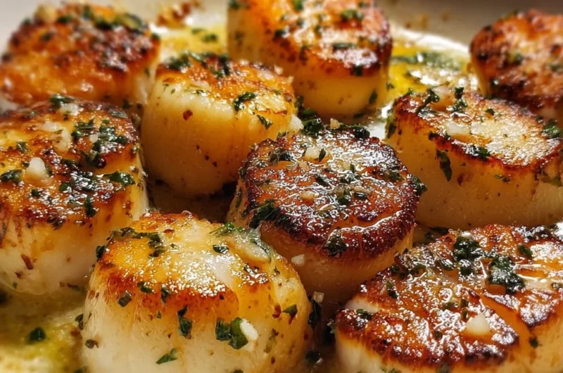 Baked garlic butter scallops served on a plate with herbs