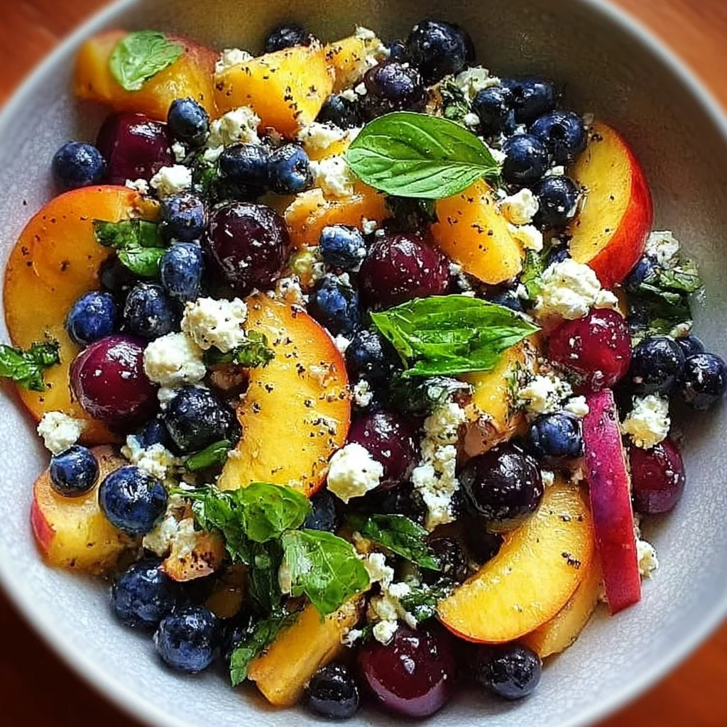 Blueberry Peach Feta Salad with vibrant fruit and cheese toppings