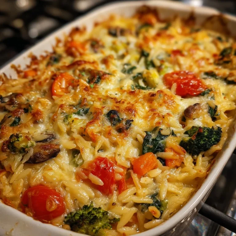 Cheesy baked orzo with colorful vegetables in a casserole dish