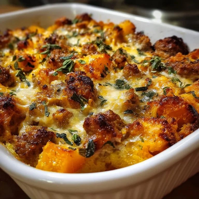 Cozy butternut squash casserole with sausage and apples in a baking dish.