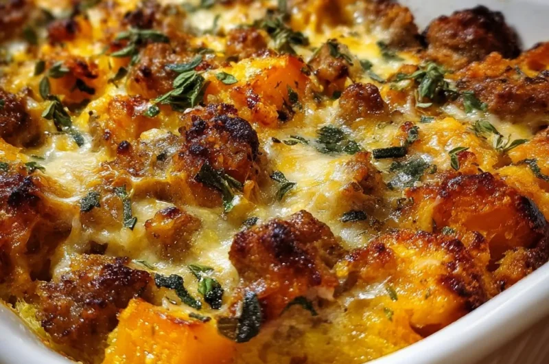 Cozy butternut squash casserole with sausage and apples in a baking dish.
