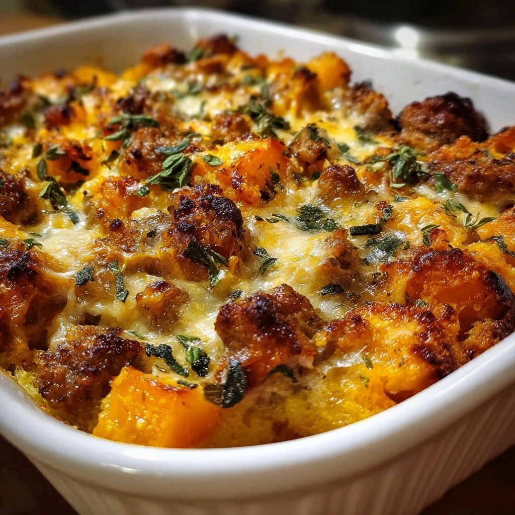 Cozy butternut squash casserole with sausage and apples in a baking dish.