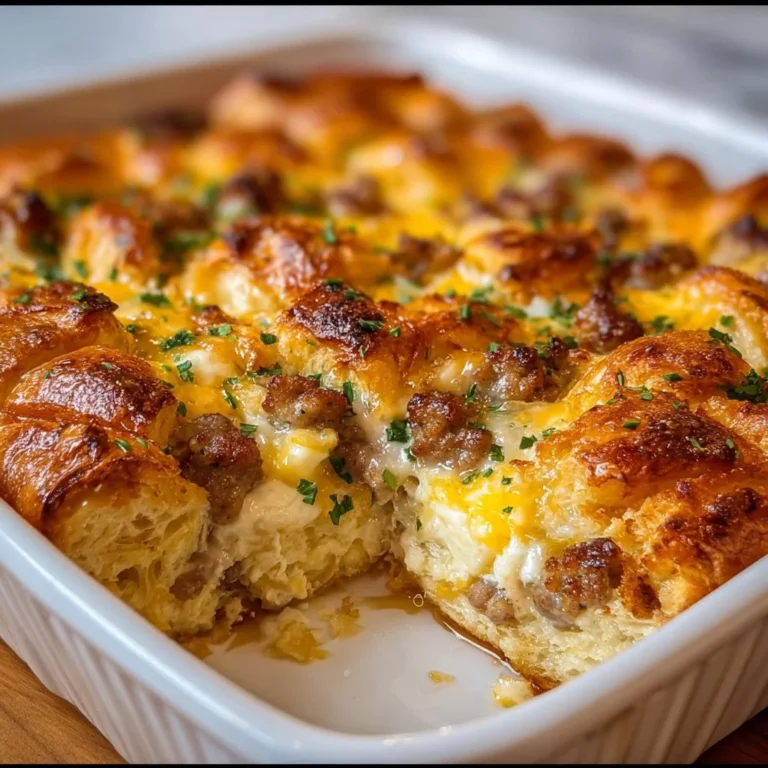 Cozy sausage croissant breakfast casserole ready for serving at the table.