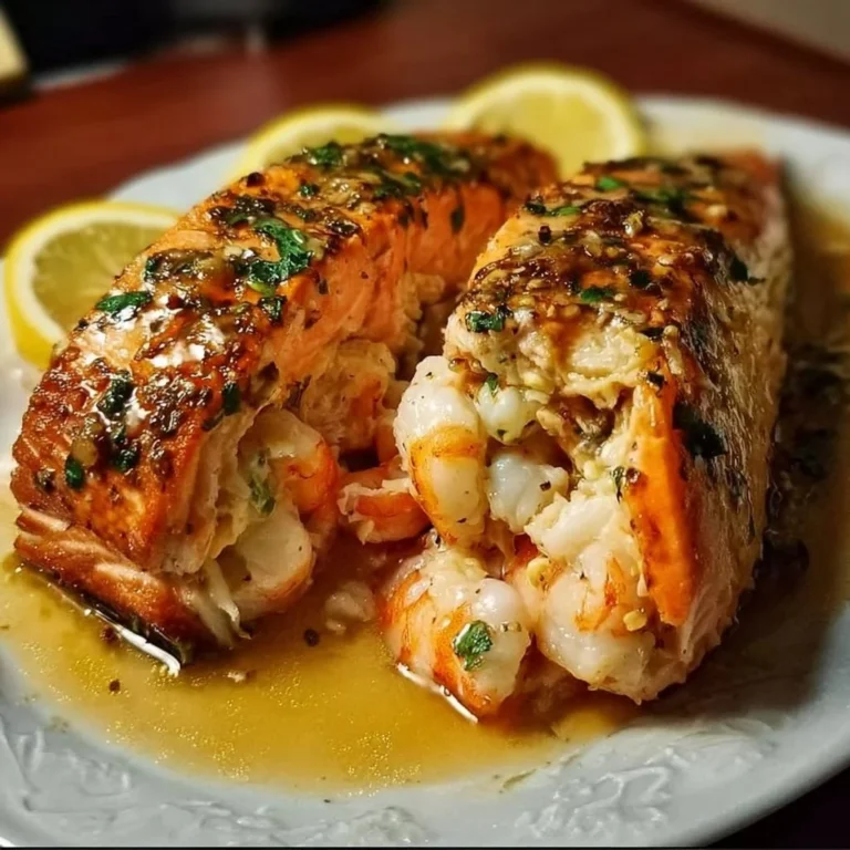 Delicious Crab and Shrimp Stuffed Salmon ready to serve