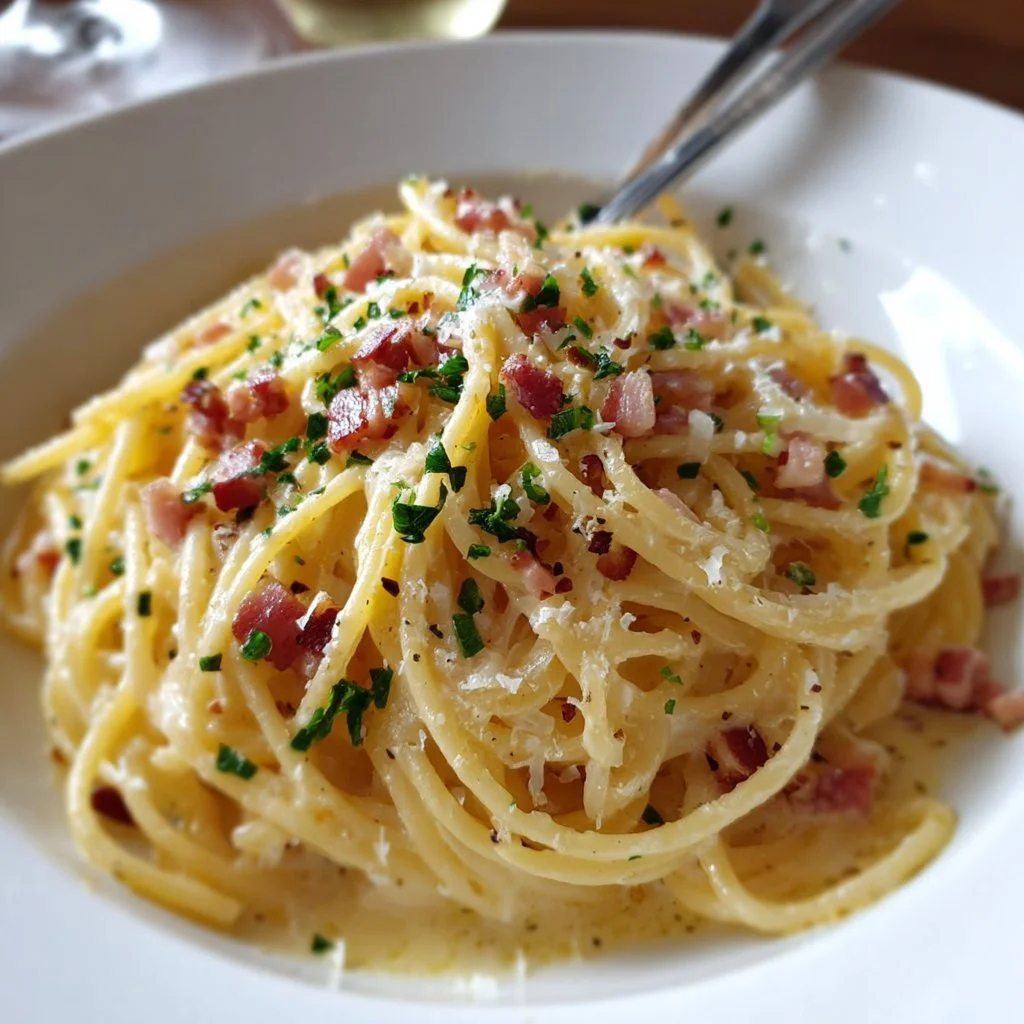 Delicious creamy bacon carbonara with garlic served on a plate
