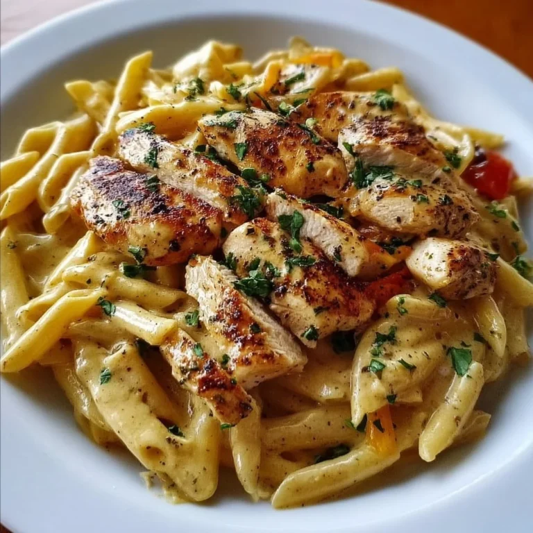 Creamy Cajun chicken pasta dish served with vibrant vegetables and herbs