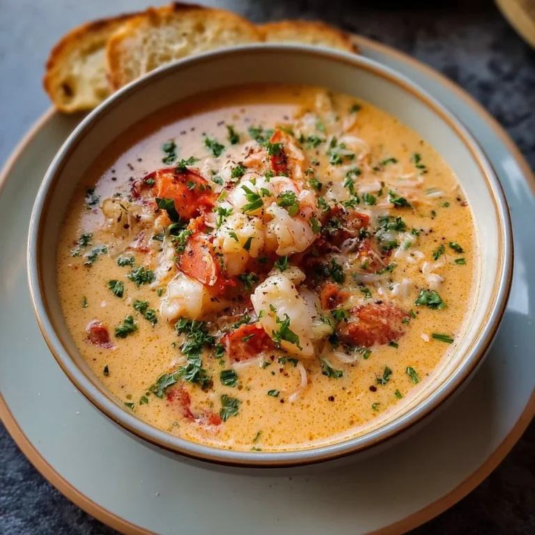 Bowl of creamy seafood bisque garnished with herbs and served with crusty bread