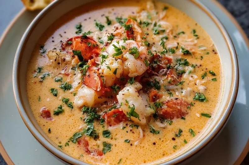 Bowl of creamy seafood bisque garnished with herbs and served with crusty bread