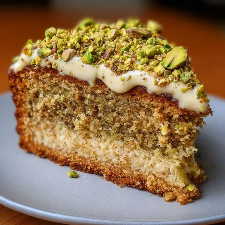 Slice of decadent pistachio coffee cake with nuts and coffee cup