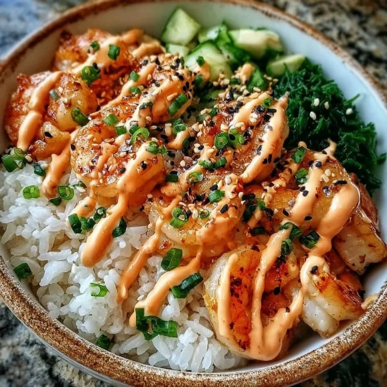 Delicious shrimp rice bowl with spicy mayo and fresh ingredients.