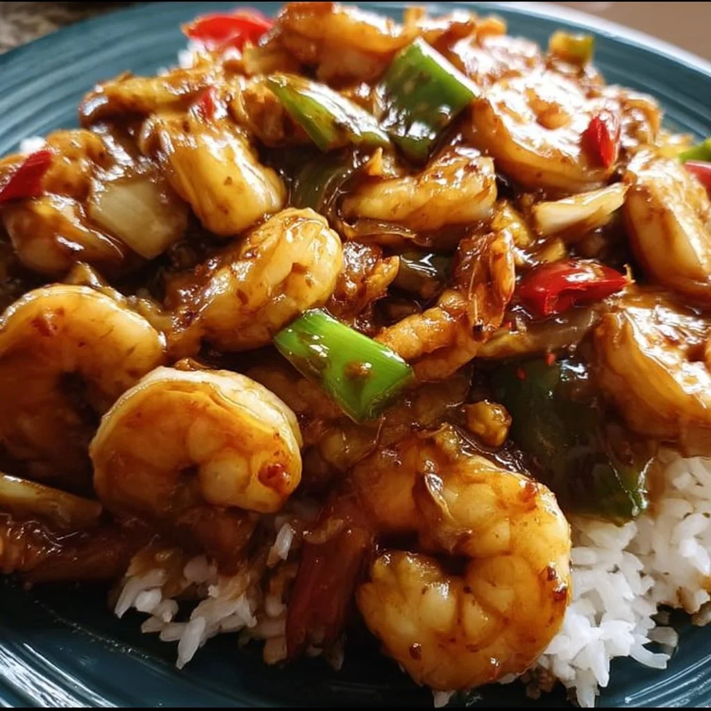 Delicious Easy Kung Pao Shrimp served on a plate with vegetables and peanuts