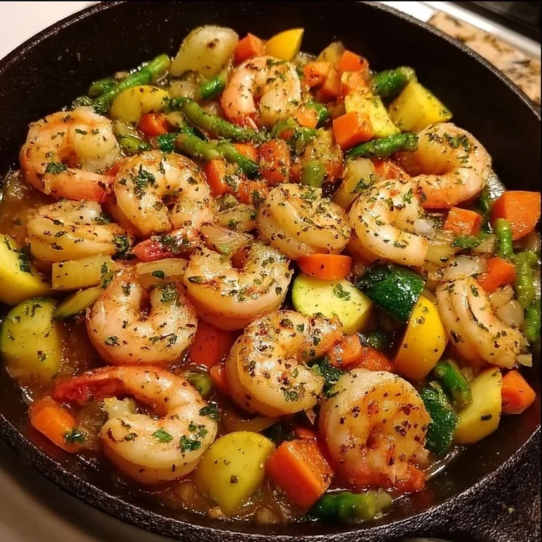 Colorful shrimp and vegetables in a skillet, perfect for a quick meal.