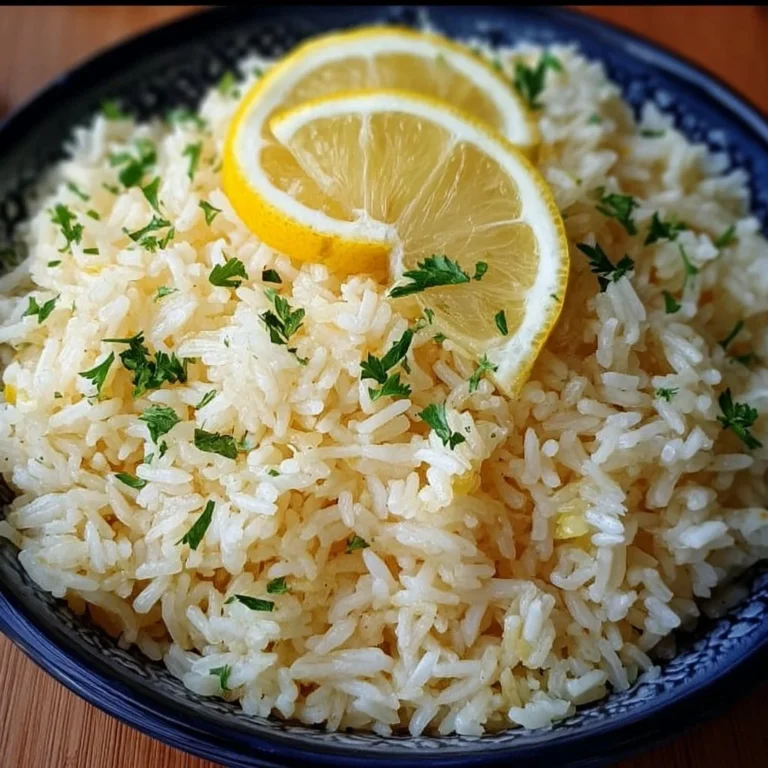Bowl of flavorful Greek lemon rice with fresh herbs and lemon slices