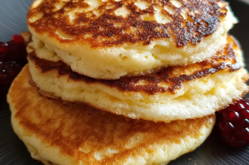 Fluffy and healthy cottage cheese pancakes stacked on a plate