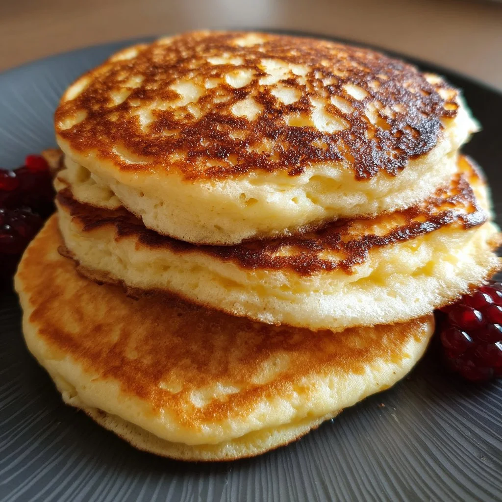 Fluffy and healthy cottage cheese pancakes stacked on a plate