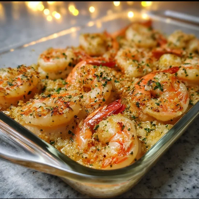 Delicious garlic butter baked shrimp ready to serve.