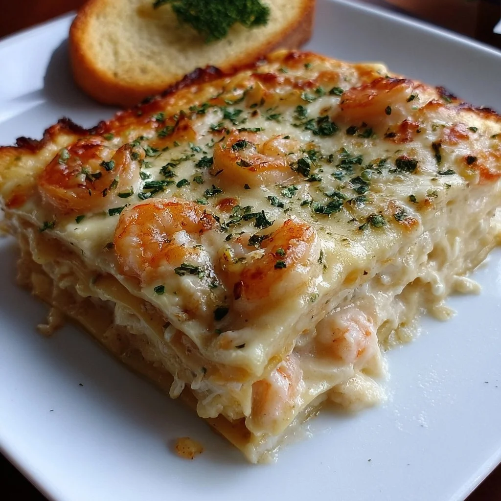 Delicious Garlic Butter Shrimp Scampi Lasagna with layers of shrimp and cheese