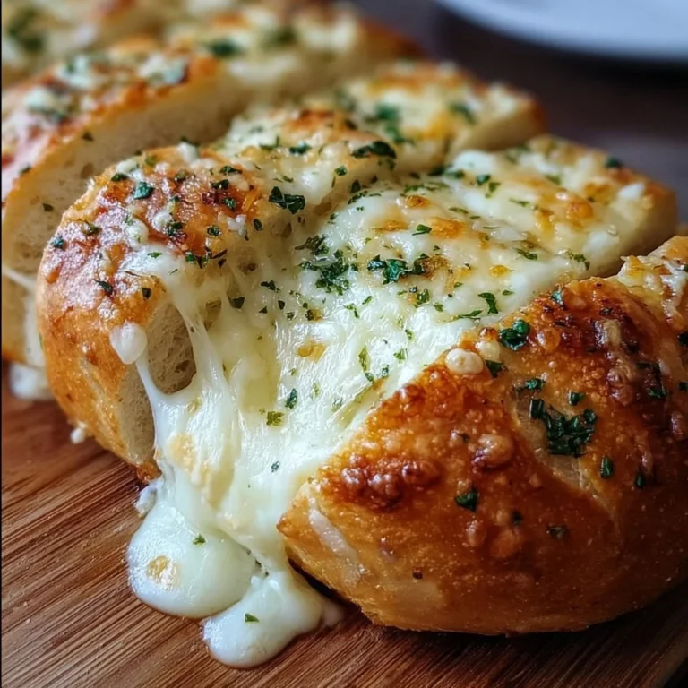 Warm gooey garlic cheese bread topped with melted cheese and fresh herbs.