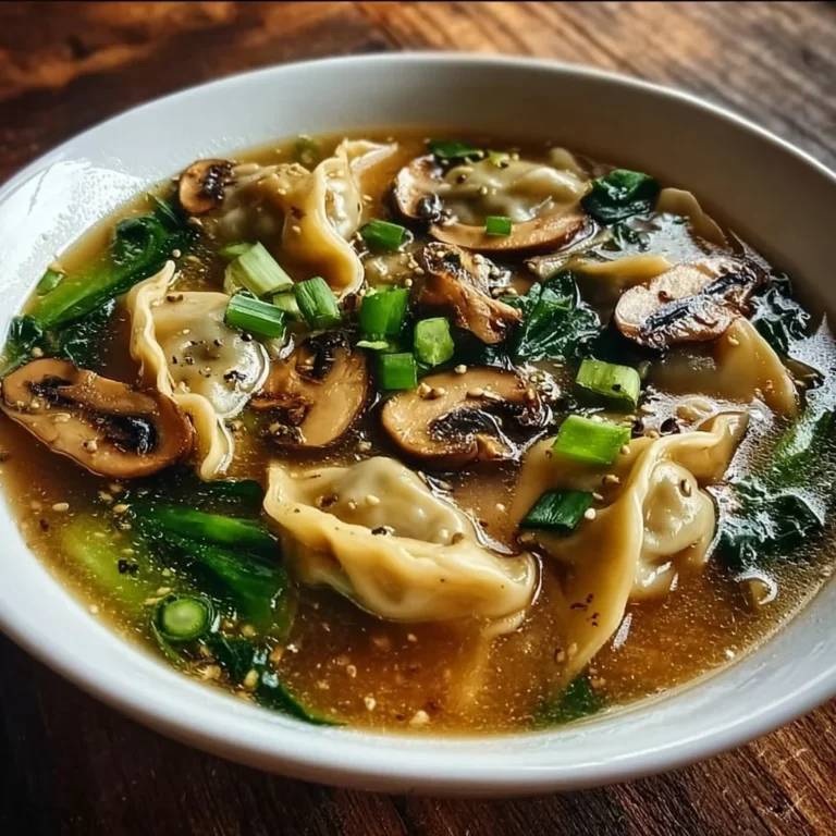 Delicious hearty potsticker soup with mushrooms and bok choy in a bowl