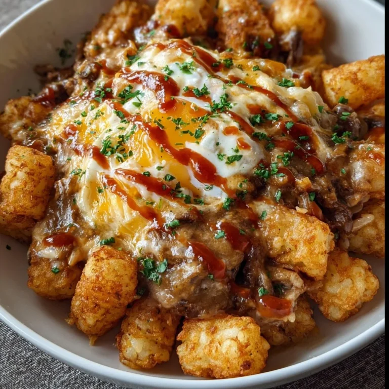 Loaded breakfast tater tot bowls topped with eggs and cheese.