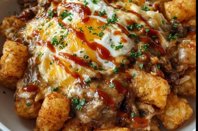 Loaded breakfast tater tot bowls topped with eggs and cheese.