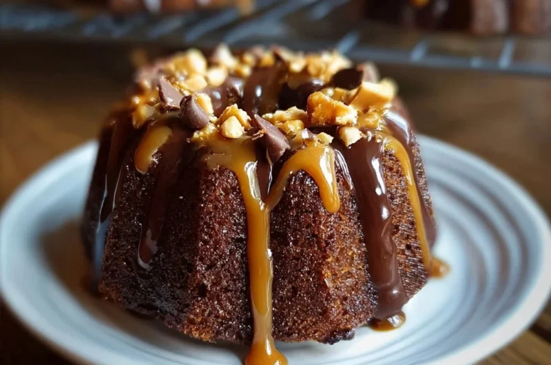 Mini chocolate peanut butter bundt cakes topped with creamy frosting