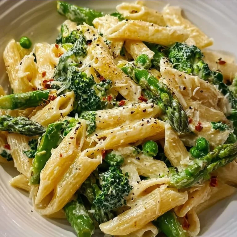 A delicious bowl of Pasta Primavera with assorted fresh vegetables.