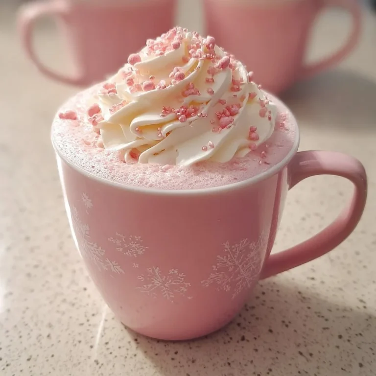 Delicious pink white hot chocolate topped with whipped cream and sprinkles