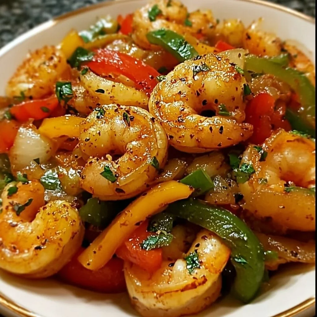 Shrimp and pepper stir-fry served in a beautiful dish