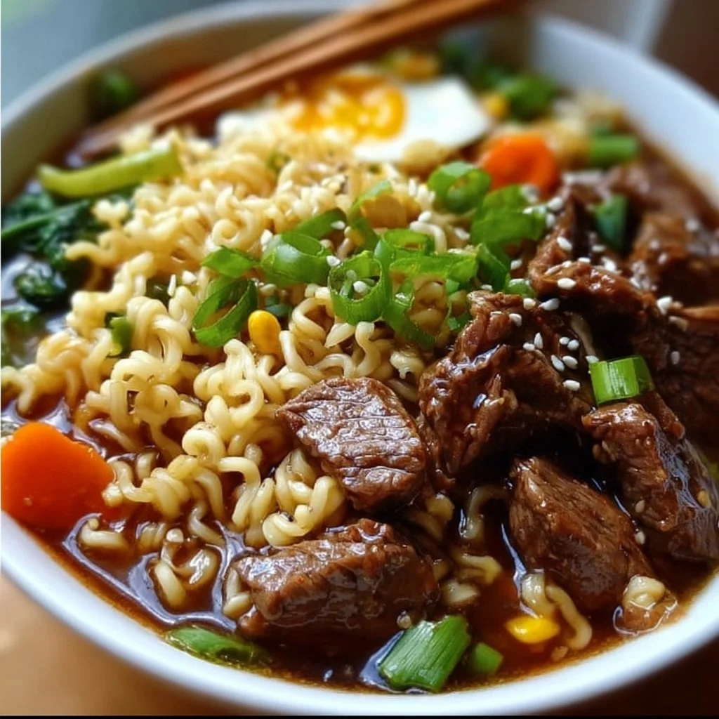 Delicious slow cooker beef ramen noodles in a bowl with herbs and toppings.