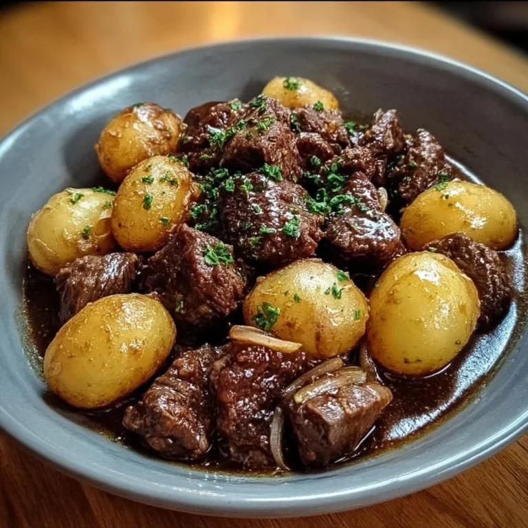 Slow cooker garlic butter beef bites with potatoes in a rustic dish
