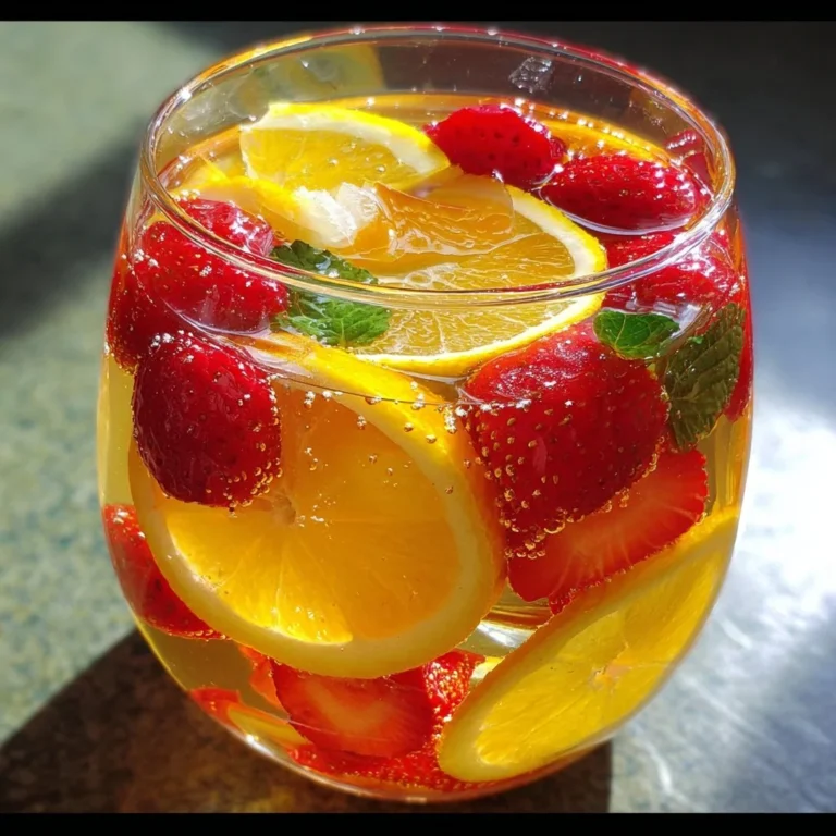 Sparkling Summer Fruit Sangria with fresh fruits and bubbles in a glass.