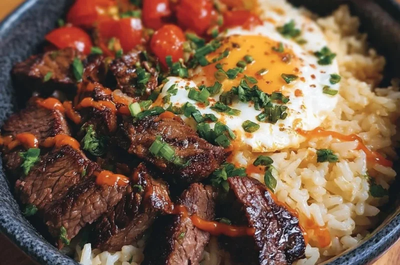 Delicious steak bowl with tomato-infused basmati rice and fresh ingredients
