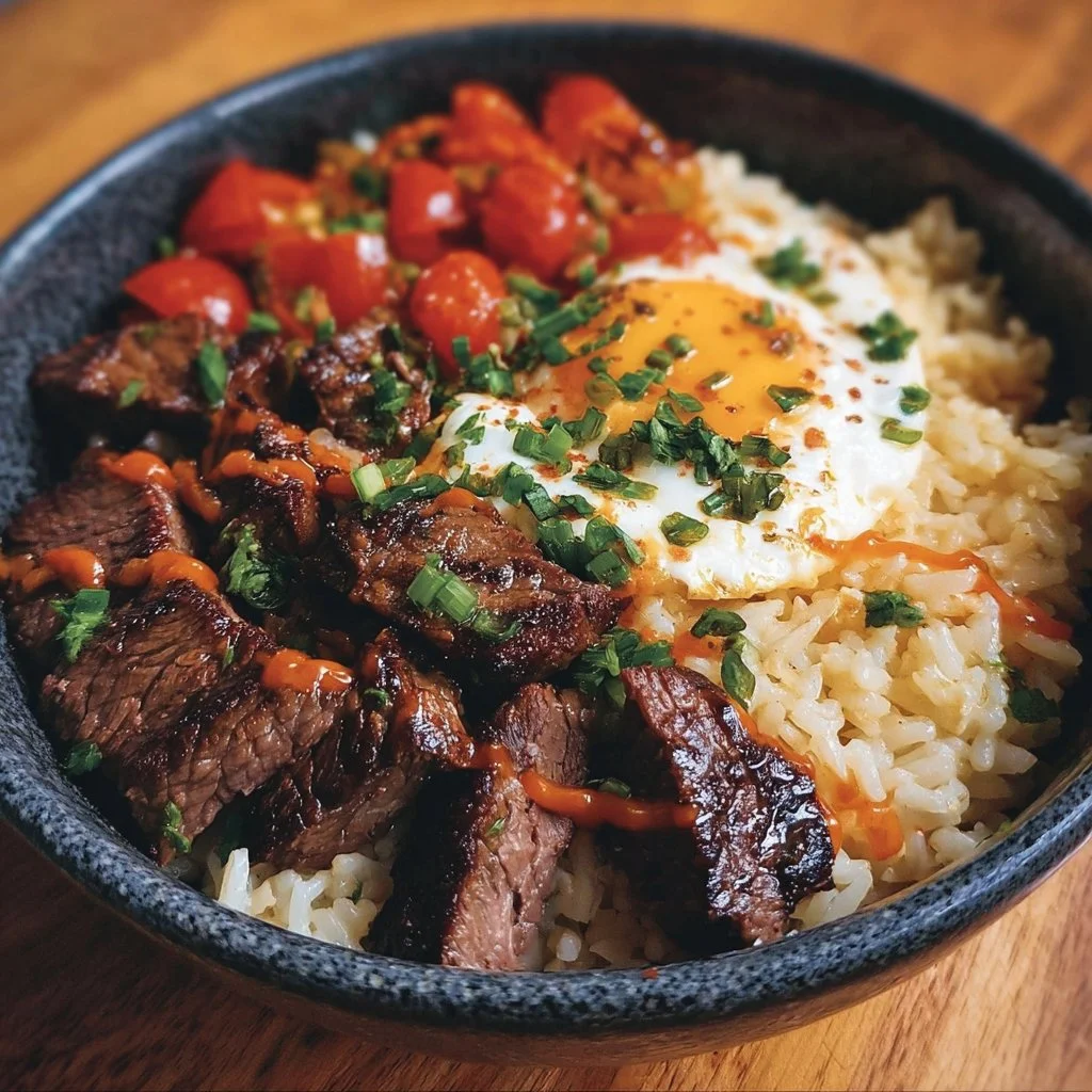 Delicious steak bowl with tomato-infused basmati rice and fresh ingredients