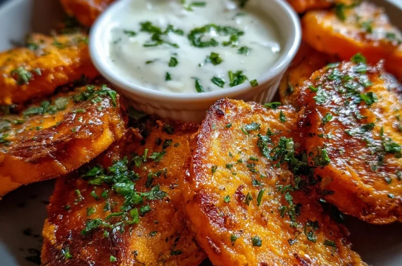 Sticky smashed sweet potatoes served with garlic yogurt dip