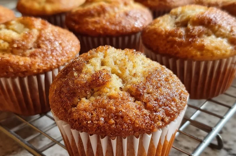 Freshly baked warm banana bread muffins with a golden-brown top